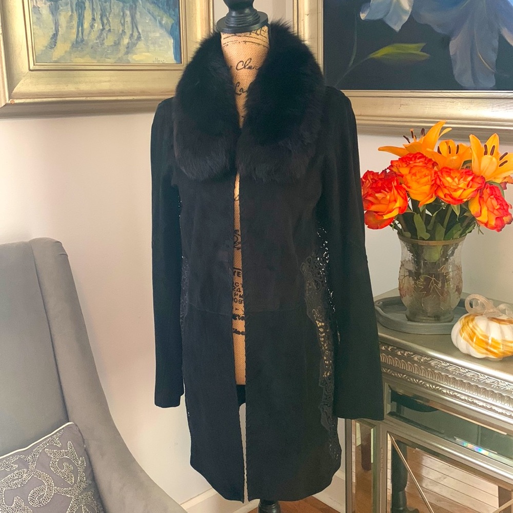 Elie TAHARI Lamb Suede Leather Fox fur Lace black coat Designer S Neiman Marcus